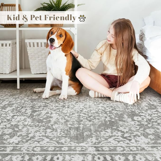 Vintage Living Room Area Rug - 8x10 Large Machine Washable Boho Area Rug Distressed Floral Rugs for Bedroom, Soft Non-Slip Indoor Floor Accent Rugs for Office Dining Room (Floral Grey, 8'x10')