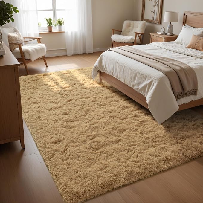 Macgace Fluffy Area Rugs for Bedroom Decor Aesthetic, 5x7 Beige Shag Rug with Non-Slip Dots for Living Room, Fuzzy Plush Carpet Washable Rug Modern Home Decor for Kids Nursery Girls Room Office
