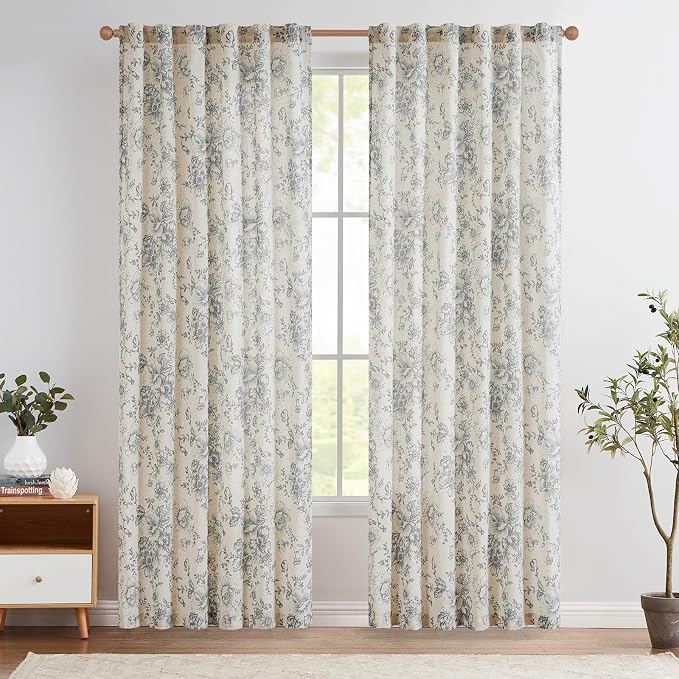 jinchan Grey Floral Linen Curtains 84 Inch Farmhouse Back Tab 2 Panels | Light filtering drapes, semi sheer, farmhouse, cottagecore, rustic, living room, bedroom, rod pocket, window treatment