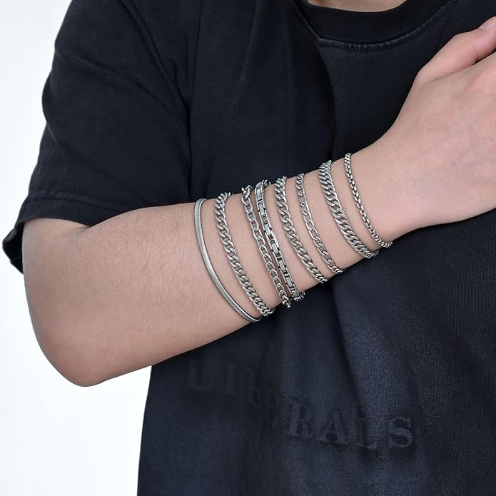 Chain Bracelet for Men Stainless Steel Cuban Link Curb Figaro Herringbone Rope Paperclip Snake Byzantine Curb Chunky Chain Silver Bracelets Jewelry Set for Men 8.3 Inches