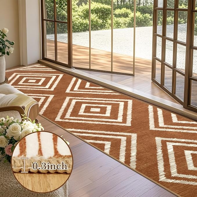 Boho Hallway Runner Rugs 2.6x14ft Non Slip, Long Brown Washable Entryway Rug Runners Non Shedding, Geometric Kitchen Floor Carpets for Doorway Entrance Farmhouse Living Room Home Decor