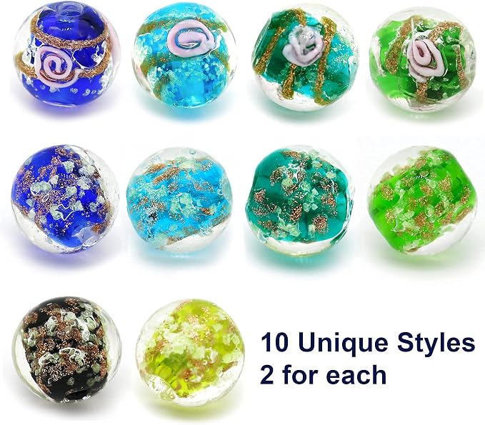 Artsy Crafts 40 Pcs Assorted Glow in The Dark Firefly Beads 12mm European Lampwork Luminous Glass Beads for Jewelry Making Charm Bracelet Necklace Earrings Crafts (Mixed 40pcs)