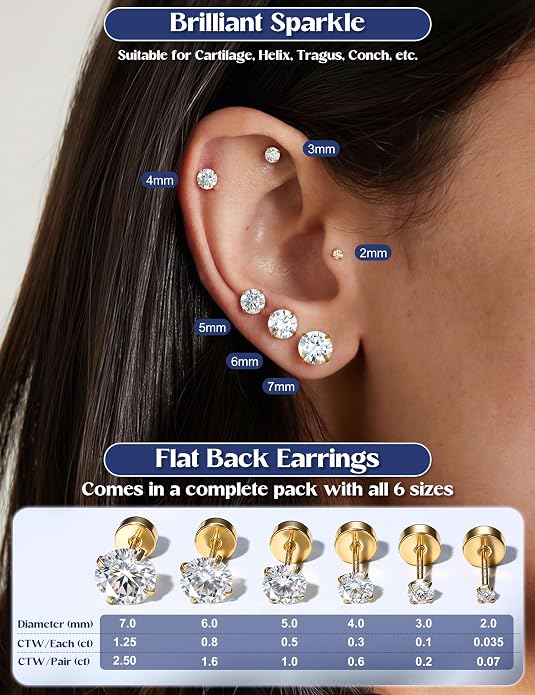 GEMQUEEN 6 Pairs 2-7mm Moissanite Earrings Studs 14K Gold Plated Stainless Steel Flat Back Earring for Women Men - Hypoallergenic Cartilage Helix Piercing Jewelry Brilliant Round Cut D Color VVS1 5.97CT