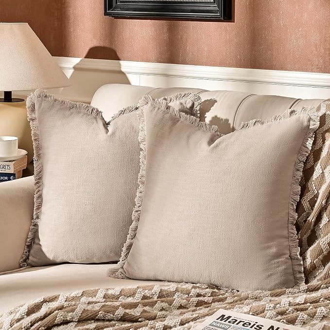 AmHoo Pack of 2 Linen Pillow Covers with Tassels Fringed Decorative Rustic Natural Throw Pillowcase Cushion for Couch Sofa Bedroom 22 x 22-Inch Beige