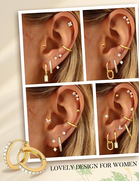Small 14K Gold Plated Huggie Hoop Earrings for Women Lightweight Double Piercing Chain Earrings Dainty Stud Earrings Hypoallergenic 14K Gold Plated Hoop Earrings Set