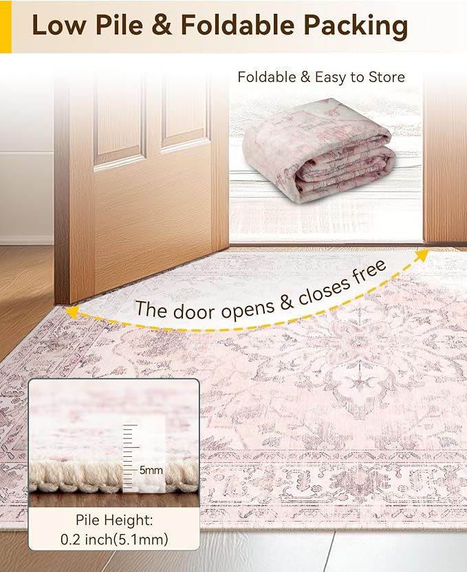RELEANY Area Rugs Runner 2'6"x5' Washable Non-Slip, Floral Vintage Distress Medallion Carpet for Kitchen Hallway Bedroom Beside Laundry Room Bathroom, Pink Greypink Cute