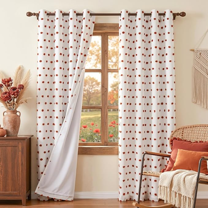 MYSKY HOME Blackout Bohemian Curtains for Bedroom Thermal Insulated Brick Red Pom Pom Curtain 72 Inch Long for Girls Room White Sheer Drapes for Dining Room Door Grommet, 52W x 72L, 2 Panels
