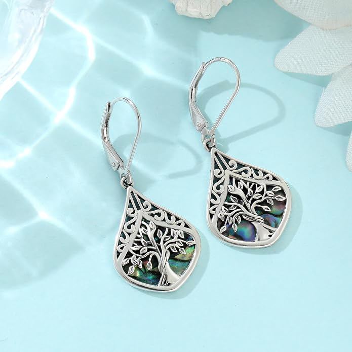 Sterling Silver Abalone Shell Filigree Dangle Drop Earrings Bohemia Jewelry Gift for Women Mother Mom