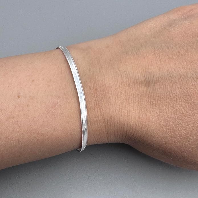 925 Sterling Silver Herringbone Bracelet for Women 3mm – Flat Snake Chain