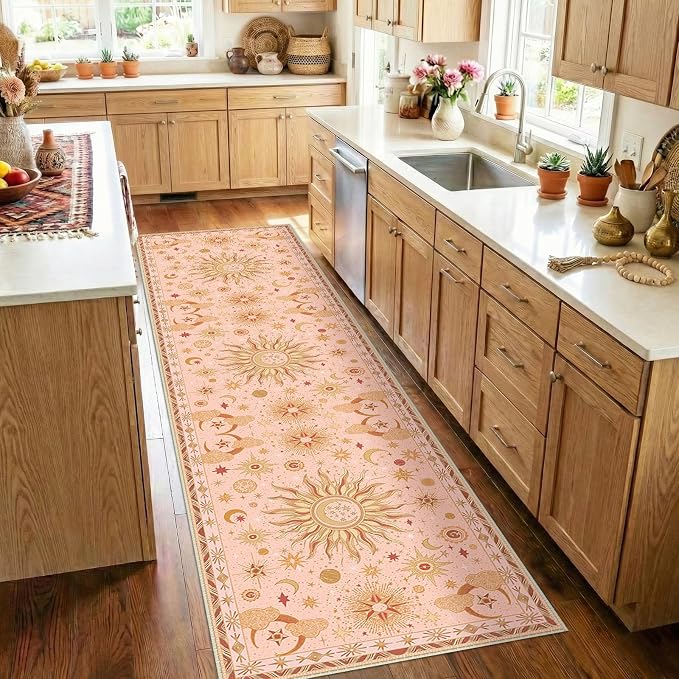 Vacuum-Friendly, 2x8 Washable Area Rug, Pink Gold Beige Red | Sun and Moon Boho Gothic Non-Slip Low Pile Living Roon Bedroom Dining Room Kitchen Entry Entryway Entrance Hallway Doormat