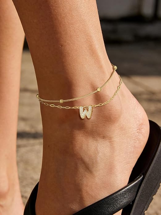 FindChic Silver/14K Gold Plated Layered CZ Initial Ankle Bracelet for Women | Waterproof Stainless Steel, Cubic Zirconia Letter Charm, Non-Tarnish, Hypoallergenic, Adjustable Extender, Summer Jewelry