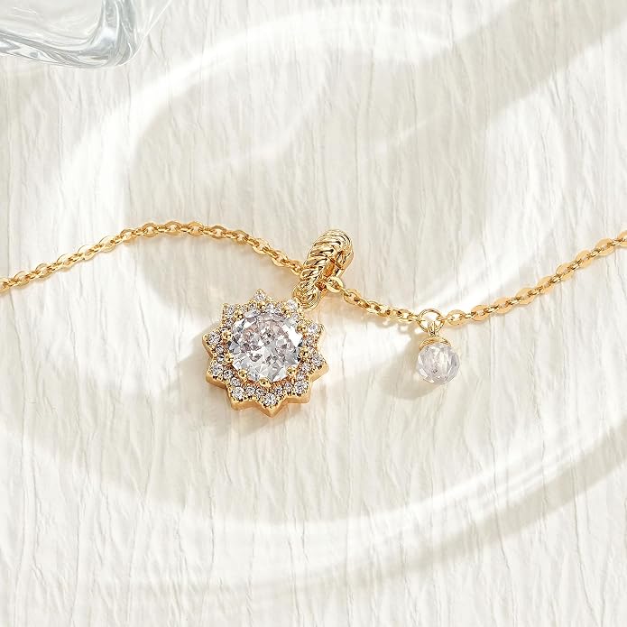 MEVECCO 14K Gold Plated Radiant Sun Necklace & Layered Satellite Chain Bead Bracelet Set for Women, Cubic Zirconia Birthstone Removable Pendant Design, Dainty Simple Jewelry