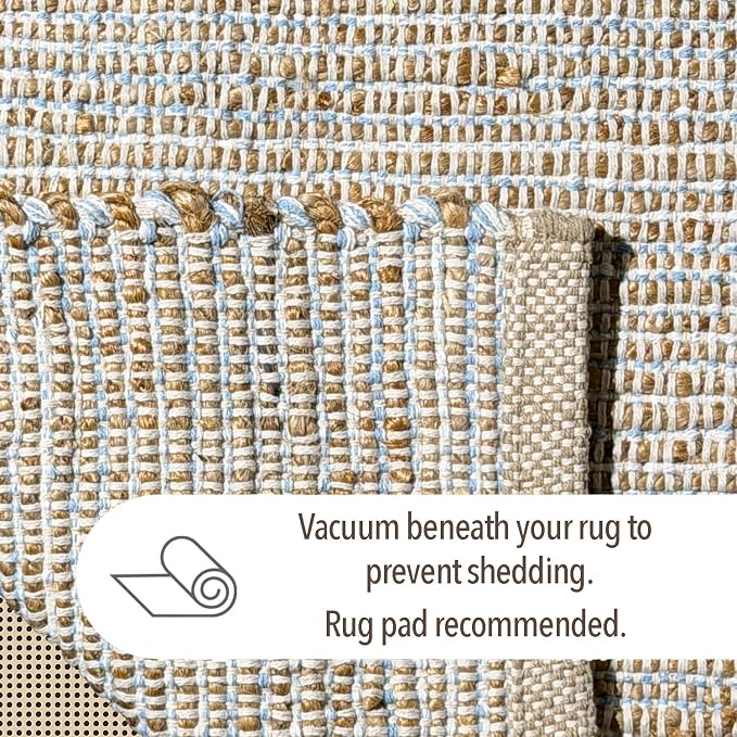Chardin home 6x9 Jute Cotton Hand Woven Area Rug, Natural Jute Cream Blue Braided Boho Farmhouse Rug, Reversible Rustic Natural Fiber Carpet for Living Room Bedroom Dining Room
