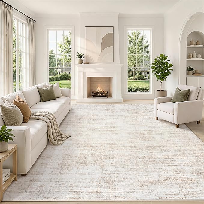 9x12 Area Rugs for Living Room Washable Rugs Neutral Abstract Large Rug Soft Modern Carpet Non-Slip Stain Resistant Low Pile Rug for Bedroom Dining Room Nursery Home Office Under Table Area Rug Beige