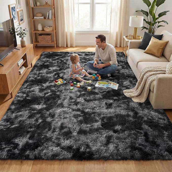 Fluffy Rugs for Living Room: Tie-dye Dark Grey Soft Shag Rug for Bedroom, Large Fuzzy Plush Indoor Floor Carpet Non Slip Modern Rug for Nursery Boys Girls Kids Room Dorms Home Decor, 7x10 Feet