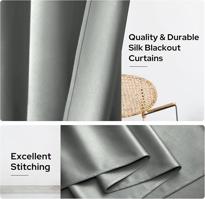 HOMEIDEAS 2 Panels Silver Grey Faux Silk Blackout Luxury Curtains, 52 X 96 Inch Room Darkening Satin Thermal Insulated Window Drapes for Bedroom Decor, Indoor