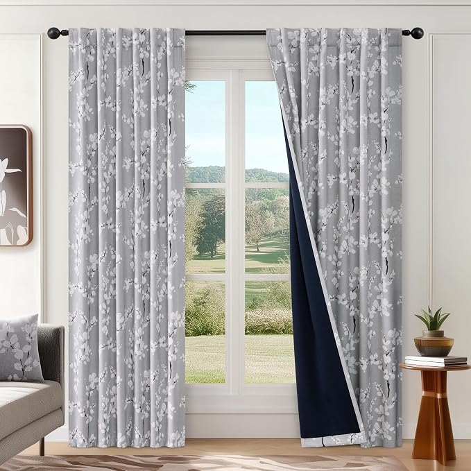 FMFUNCTEX 100% Blackout Grey Floral Curtains 96 Inch Rod Pocket 2 Panels | Black Out Drapes,Thermal Insulated Cottage Farmhouse, Blossom Patterned Extra Long Curtain for Bedroom, Living Room Darkening