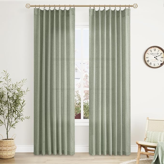 Sage Green Pinch Pleated Linen Curtains 84 Inch Length 2 Panels for Living Room Bedroom Light Filtering Green Semi Sheer Window Curtain Boho Back Tab Pinch Pleat Drape with Hooks 84 Inches Long