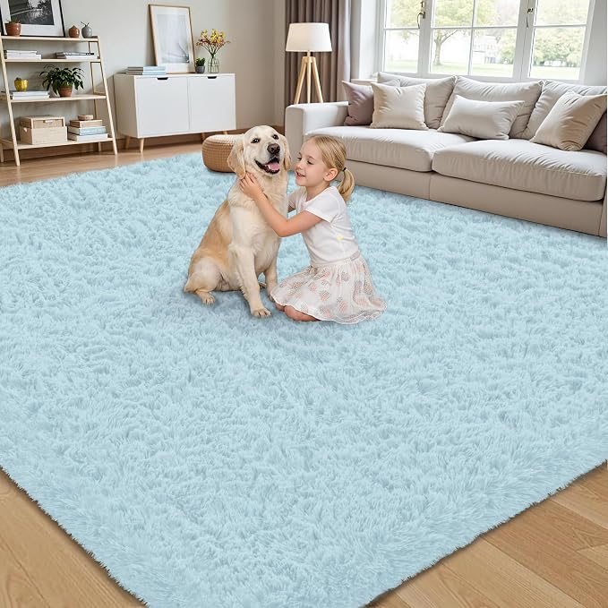 8x10 Area Rug for Living Room:Ultra Soft Fluffy Shag Teal Blue Rugs,Large Fuzzy Plush Indoor Non Slip Carpet Washable Rug for Bedroom Kids Nursery Office Dorm Modern Decor(Light Blue 8'x10')