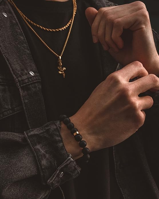 Forge & Foundry Men’s Matte Black Solid Onyx Beaded Bracelet | 10mm, 8mm, 6mm Bead Size Options | Signature Stainless Steel Engraved Bead | Andalus