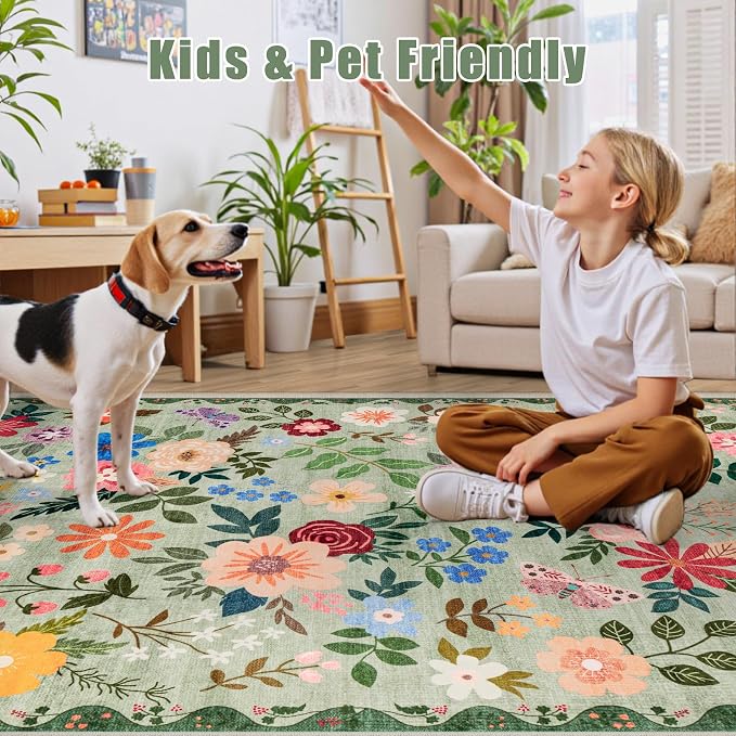Runner Rug for Entryway: 3x10 Kitchen Rugs Non Slip Washable Ultra-Thin Soft Floral Carpet Indoor Floor Stain Resistant Carpets for Hallway Bedroom Kitchen Laundry Bathroom Dorm Green