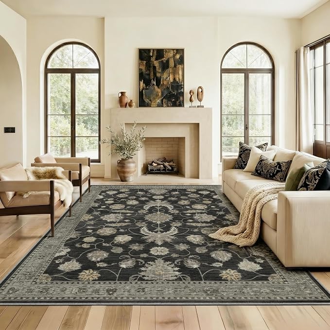 6x9 Area Rug for Living Room-Vintage Farmhouse Boho Floral Washable Stain Resistant Indoor Carpet for Bedroom Office and Home Decor(Black&Gold)