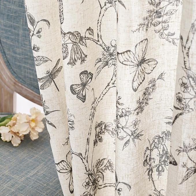 Lazzzy Charlotte Linen Farmhouse Curtains Black Floral Curtains 63 Inch Length Back Tab Drapes for Living Room Bedroom Light Filtering Country Vintage Rod Pocket Curtain, 2 Panels, Black on Beige