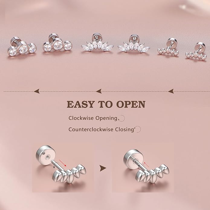 14K Gold Plated Solid 925 Sterling Silver Post Flat Back Earrings Stud | Cartilage Helix Conch Tragus Piercing Jewelry 3 Pairs Tiny Screw Dainty CZ Opal Earring Set Men Women