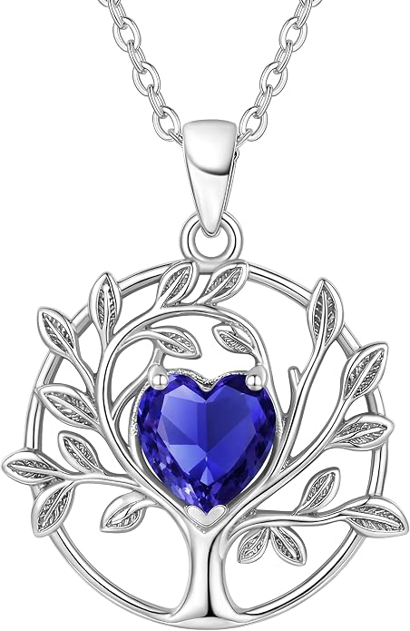 ADITA GOLD Tree of Life Necklace for Women, 925 Sterling Silver Birthstone Pendant, Simulated Gemstone, Jewelry