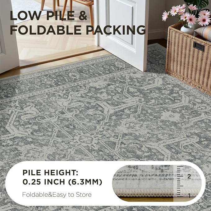 Joydeco Washable 2x6 Hallway Runner Vintage, Light Gray&Dark Gray&White | Water Resistant Low Pile Non Slip Backing for Kitchen Entryway Bedroom Bathroom Dining Room
