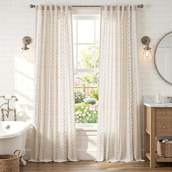 Lazzzy Cathy Linen Floral Curtains for Living Room Privacy Curtains 96 inch Length Set of 2 for Bedroom Rod Pocket Back Tab Light Filtering Drapes Farmhouse Cottage Core Decor 50"x96" Blue on Linen