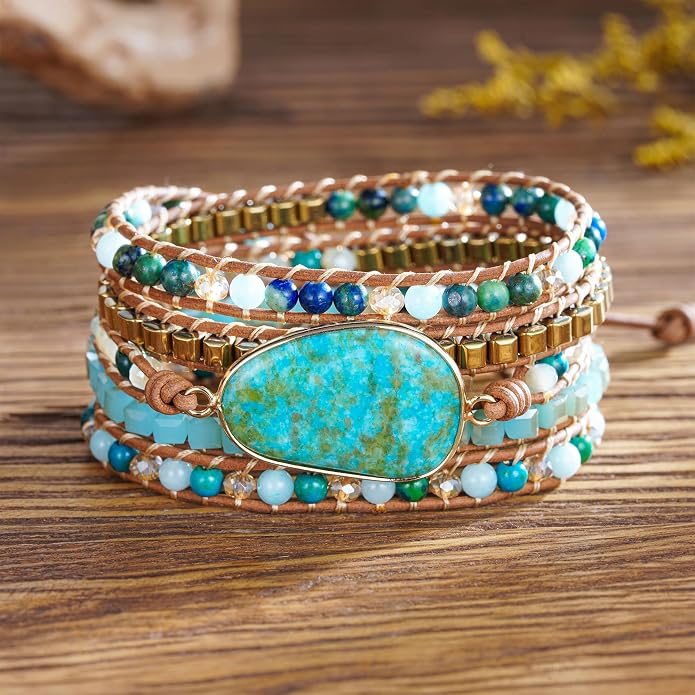 Plumiss Women Boho Handmade Natural Stone Crystal Leather Bead Wrap Bracelets Collection