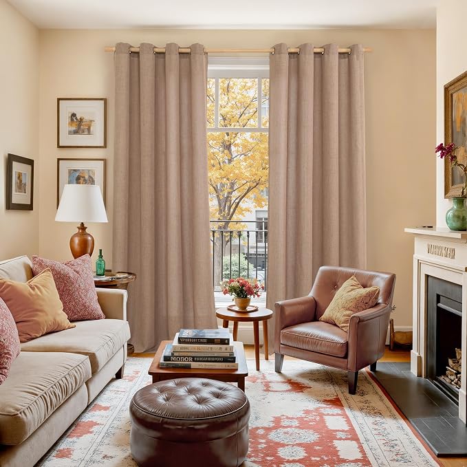 YoungsTex Linen Curtains 90 Inch Length, Light Filtering Drapes with Grommet Semi Sheer Rustic for Bedroom Living Room Farmhouse Windows, Mocha Brown, 2 Panels, 52 X 90 Inch