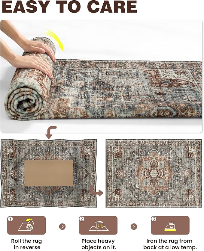 Roxstand 2x3 Washable Entryway Area Rug, Grey/Brown/Tan | Low-Pile Carpet, Non-slip Backing, Stain Resistant, Rug for Kitchen, Laundry Room, Entryway, Vintage Design