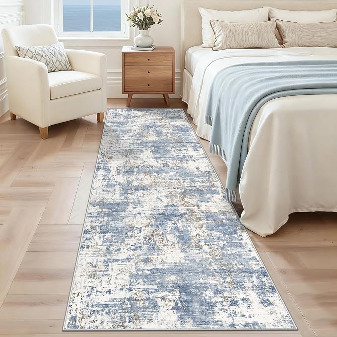XLUEZ 2x8 Runner Rug for Hallway, Washable Modern Abstract Runner Rugs Neutral Soft Non Slip Kids Rug Stain Resistant Indoor Runners for Hallways Entryway Bedroom Kitchen Laundry Room(Blue, 2'x8')