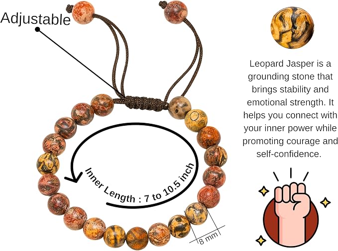 Amazing Gemstone Leopard Jasper Bracelet for Women Men's Gifts - Protection Healing Crystal Bracelet - 8mm Gemstone Beaded Adjustable Bracelet Pulseras para Hombres Mujer Stocking Stuffers