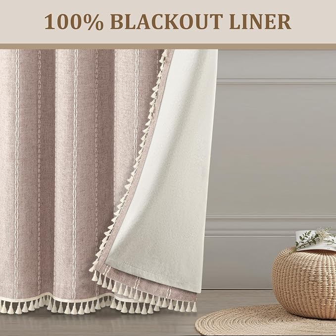 Light Brown Boho Blackout Curtains 2 Panels 84 Inch for Living Room Bedroom, Linen Texture Farmhouse Curtains with Tassels and White Cotton Embroidery Vintage Rustic Country Western