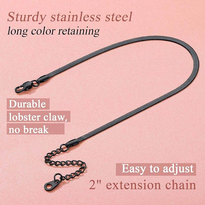 FindChic Elegant Herringbone Snake Chain Anklets/Bracelets 3MM/5MM Width Stainless Steel/18K Gold/Rose Gold Plated/Black 4 Color Options, 8.3'' 8.5'' 10.5'' Length, with Gift Box