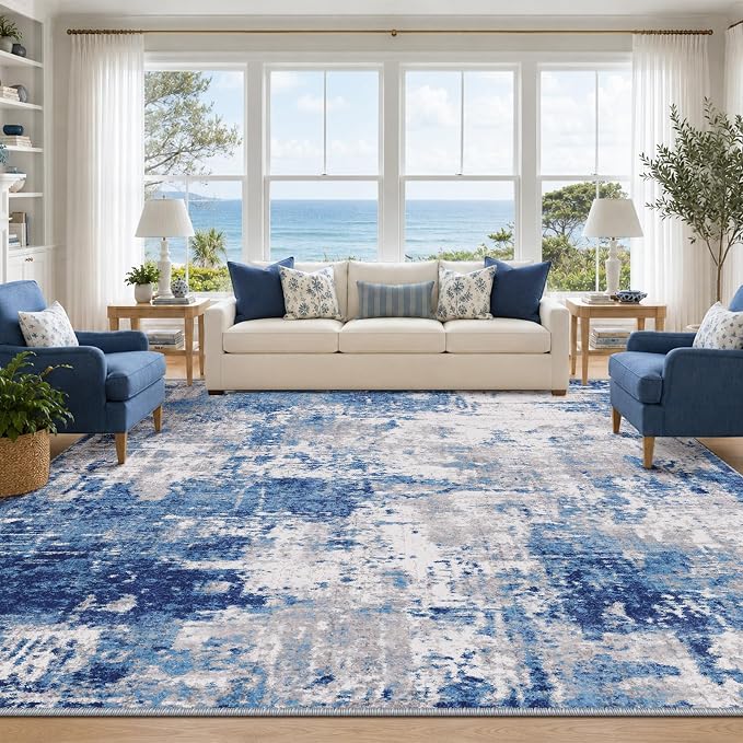 RELEANY Washable Area Rugs 10'x14' Non-Slip Modern Abstract Soft for Living Room Entryway Bedroom Kitchen, Print Pattern, Blue Grey Navy Gray