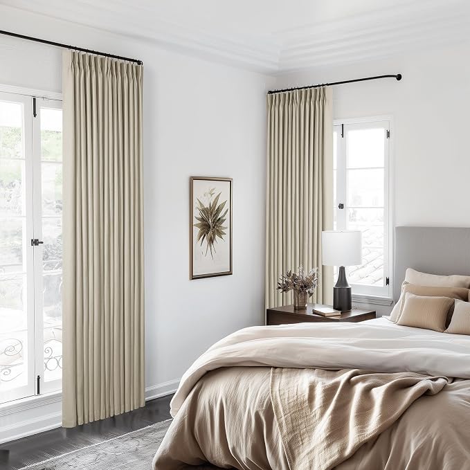 Greyish Beige Pinch Pleated Linen Blackout Curtains 96 Inch Length 2 Panels for Living Room Bedroom Light Blocking Pinch Pleat Curtains with 100% Blackout Liner Thermal Insulated Taupe Burlywood 8FT
