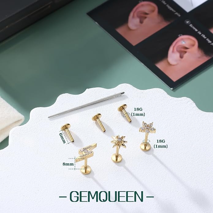 GEMQUEEN G23 Implant Grade Titanium 18G Internally Threaded Flat Back Earrings 5A CZ Studs: 14K Gold Hypoallergenic 3 Pcs Tragus Cartilage Conch Helix Piercing Jewelry for Sensitive Ears Women Men