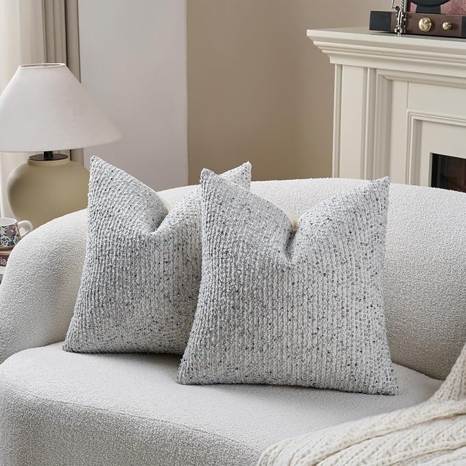 DEZENE Striped Throw Pillow Covers 22x22 Set of 2 Blue Textured Boucle Chic Morden Boho Accent Farmhouse Square Decorative Couch Pillow Covers for Home Decor Bed Sofa Living Room
