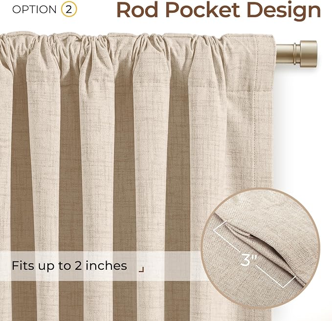 INOVADAY 100% Blackout Curtains 96 Inches Length 2 Panels Set, Back Tab/Rod Pocket Linen Black Out Curtains for Bedroom, Thermal Insulated Window Drapes - Oatmeal, W50 X L96
