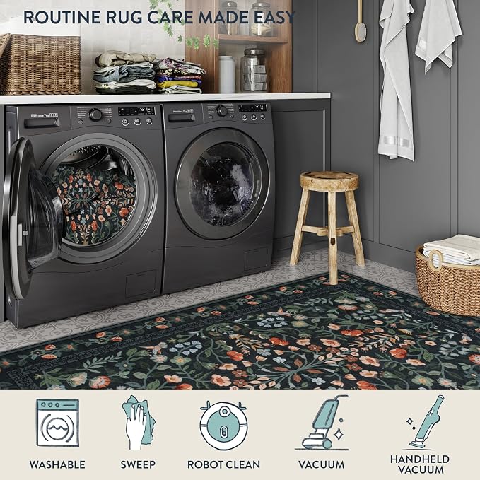 Lahome Black Floral Washable Area Rug 9x12, Extra Large Non Slip Stain Resistant Carpet for Living Room Dining Room, Low-Pile Soft Botanical Rug for Bedroom Office, Machine Washable Home Decor, Black
