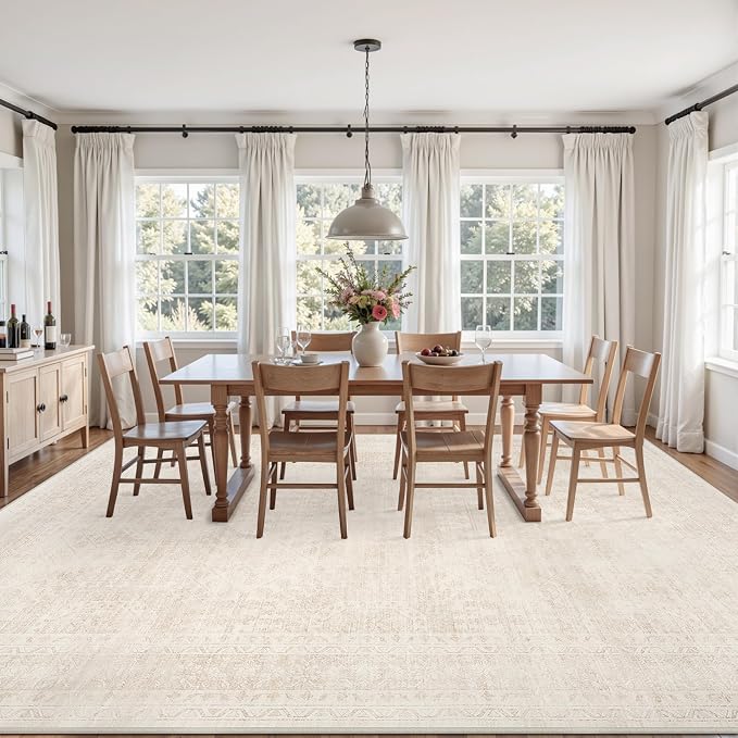 10x14 Area Rugs for Living Room: Vintage Boho Neutral Washable Rug Indoor Soft Large Area Rug Carpet for Bedroom Nursery Farmhouse Dining Room Office Floor Non-Slip Low Pile Under Table Rug Beige