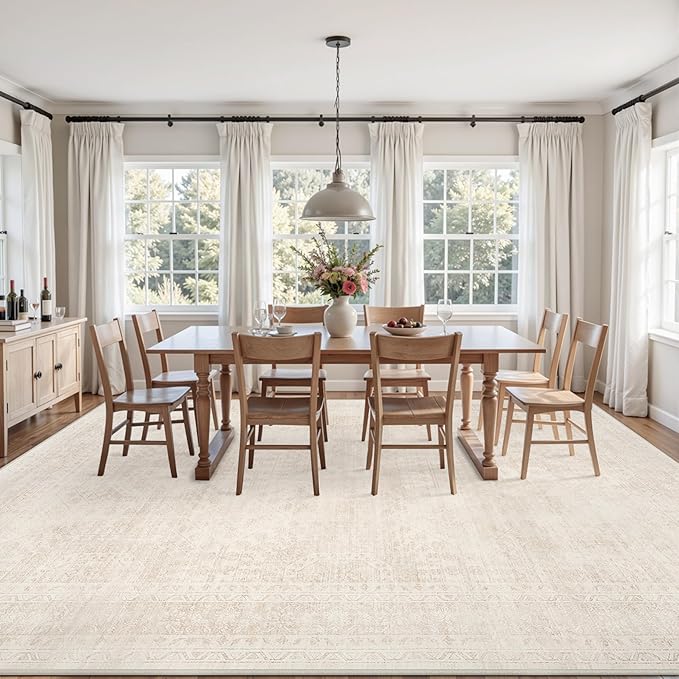 10x12 Area Rugs for Living Room: Vintage Boho Neutral Washable Rug Indoor Soft Large Area Rug Carpet for Bedroom Nursery Farmhouse Dining Room Office Floor Non-Slip Low Pile Under Table Rug Beige