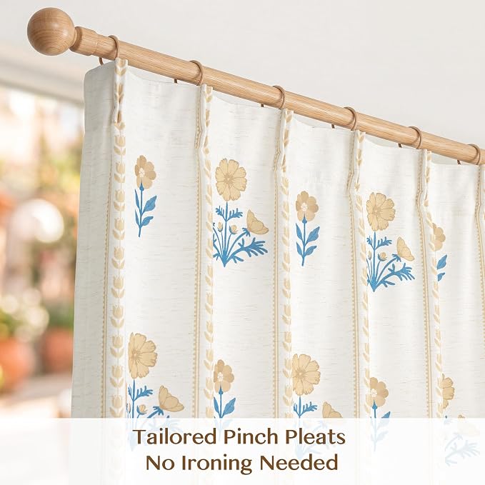 THREE GIRLS Pinch Pleated Light Filtering Linen Blend Floral Block Print Curtains for Living Room, Bedroom, Farmhouse, Memory Trained, Hooks, 2 Panels Set, 40"x90", Yellow