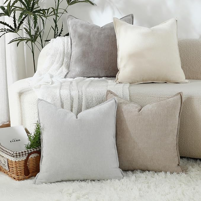 Stellhome Set of 4 Neutral Decorative Throw Pillow Covers Accent Solid Soft Textured Chenille Cushion Cover Rustic Farmhouse Pillow Case for Couch Sofa Bedroom Living Room (20x20 inch, Neutral)