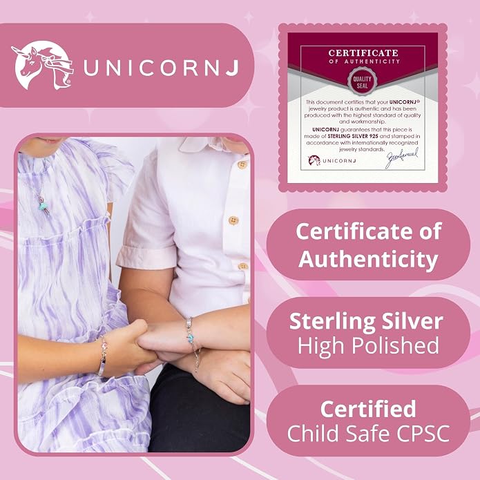 UNICORNJ 925 Italy Sterling Silver Child or Baby Name Bracelet Girls Boys, Personalized Engraved Kids ID Bracelets, 6.5" Figaro Chain, Enamel Charm Newborn Infant Toddler Kid Jewelry