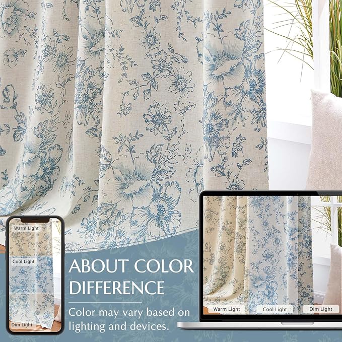 jinchan Blue Floral Linen Blackout Curtains Lined 63 Inch Back Tab 2 Panels | Blackout lining, room darkening drapes, farmhouse, vintage, cottagecore, rustic, bedroom, living room, window treatment